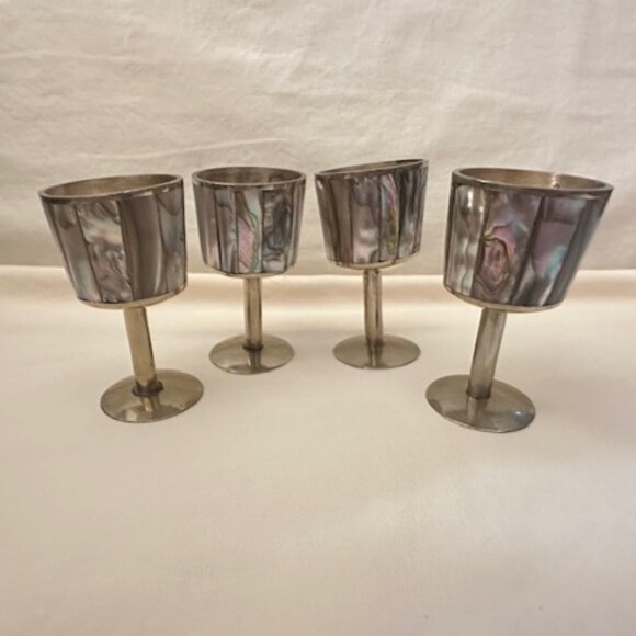 Set of Four Vintage Silver Abalone Shell Goblets - Picture 5 of 9